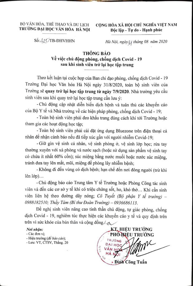 Thông báo của trường ĐH Văn hóa Hà Nội