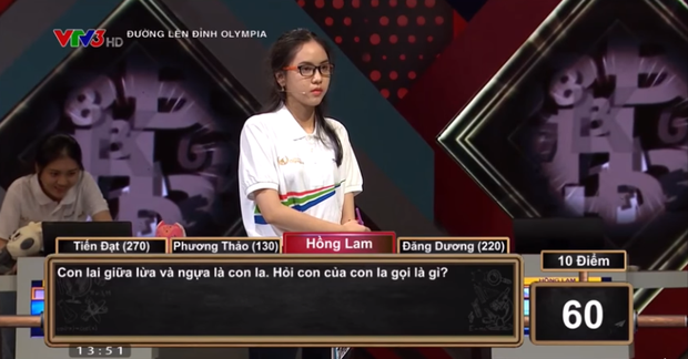Câu hỏi dành cho nữ sinh Hồng Lam ở phần thi Về đích. Ảnh chụp màn hình