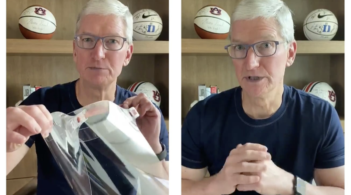 Đầu tháng 4/2020, CEO Apple Tim Cook cho biết sẽ tặng hơn 20 triệu khẩu trang và bắt đầu sản xuất kính bảo hộ cho nhân viên y tế. (Ảnh: Tim Cook / Twitter)