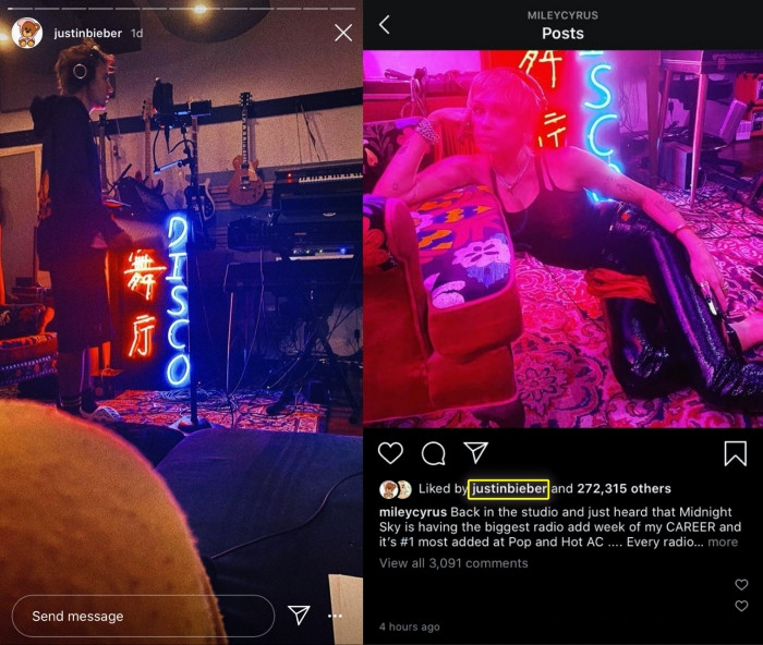 'Hoàng tử nhạc pop' được phát hiện thu âm cùng một chỗ với Miley Cyrus.