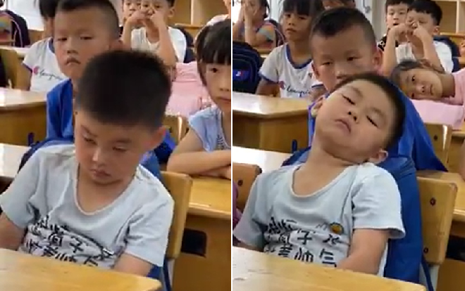 Hình ảnh cậu bé gục lên gục xuống trong lớp học gợi nhớ lại ký ức một thời đến trường của nhiều người. Ảnh cắt từ clip
