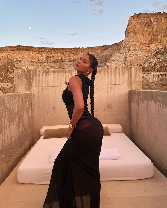 Trong kỳ nghỉ tới Utah vào tháng 7 năm 2020, Kylie mặc một chiếc váy Rick Owens trị giá 1,780 đô la (41,253,280 VNĐ) được làm từ vải lưới. Màu đen trung tính cùng chất liệu vải gần như trong suốt giúp cô khoe đường cong một cách tinh tế.  