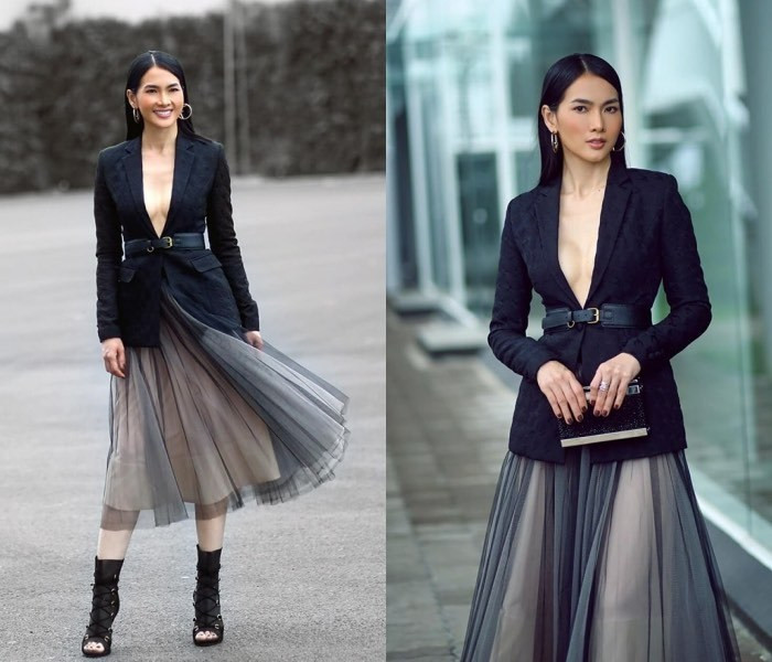 Anh Thư lại có cách mix mới mẻ khi ưu ái kiểu váy voan xếp chồng lớp, các layer biến chuyển màu sắc cực thú vị. 