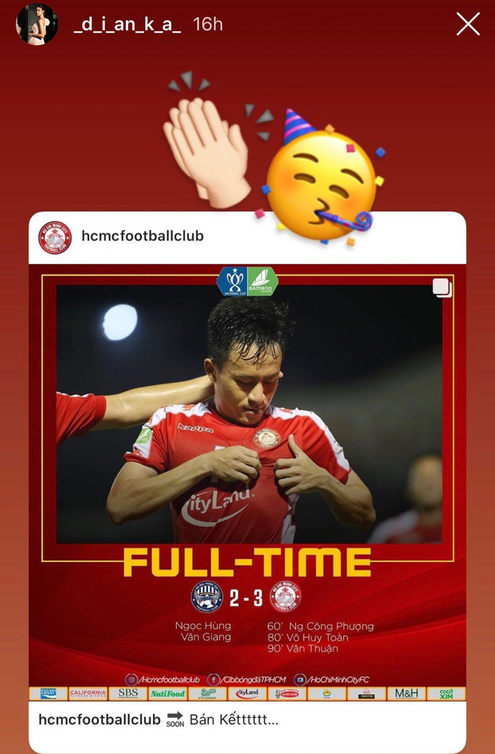 Dianka chúc mừng chiến thắng của CLB TP.HCM, đội bóng mà bạn trai Bùi Tiến Dũng đang thi đấu.