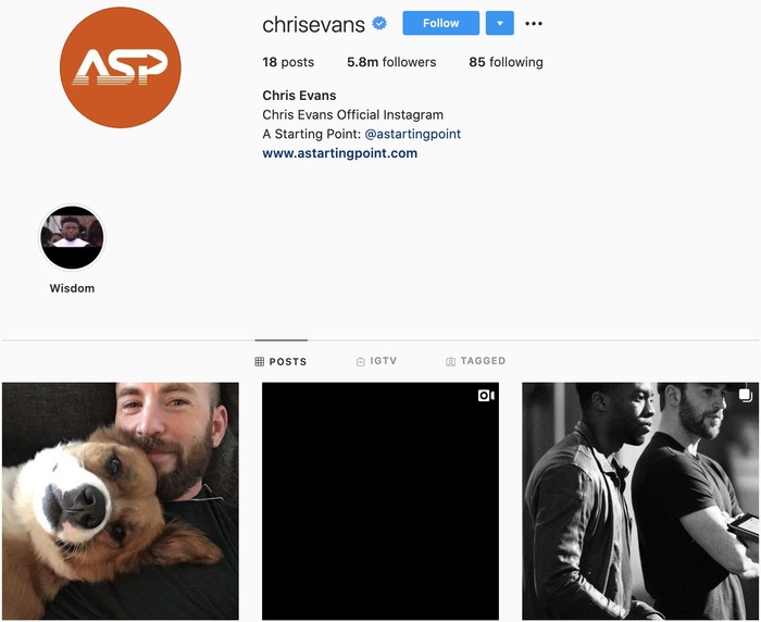 Chris Evans chỉ mới tạo tài khoản Instagram vào đầu tháng 5 năm nay để giao lưu với fan hâm mộ. (Ảnh chụp màn hình)