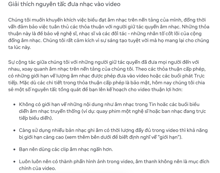 'Giải thích nguyên tắc đưa nhạc vào video' của Facebook. (Ảnh chụp màn hình)
