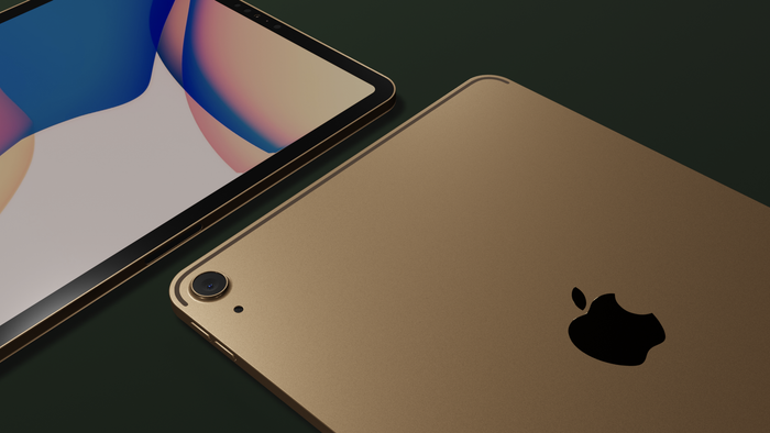 Ở mặt lưng, ‌iPad‌ Air thế hệ tiếp theo có camera đơn, đi kèm cổng kết nối USB-C thay vì cổng Lightning, cho phép sạc bằng cáp USB-C và có thể kết nối với bàn phím Magic Keyboard của Apple. Đi kèm đó là tuỳ chọn màu vàng đồng đẹp mắt. (Ảnh: Appleosophy)
