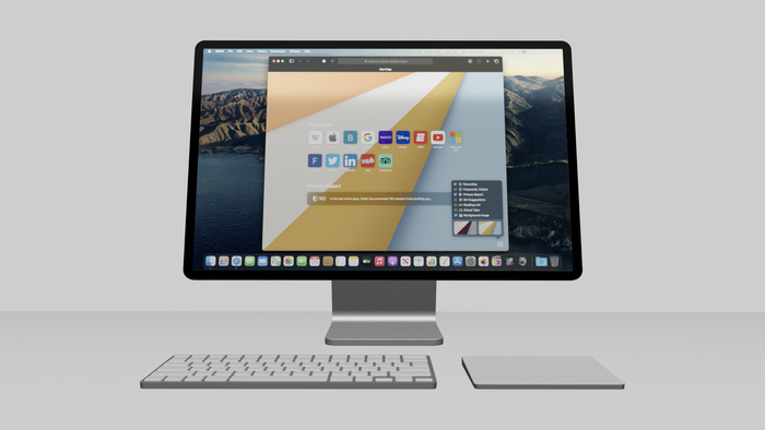 Trong khi đó, iMac concept lại có thiết kế mới mẻ được lấy cảm hứng từ iPad Pro và Pro Display XDR. iMac này có màn hình 24 inch tràn viền với viền mỏng hơn và đồng nhất. Chân đế vẫn giữ thiết kế góc cạnh. Đi kèm đó là bàn phím Magic Keyboard và Trackpad. (Ảnh: Appleosophy)