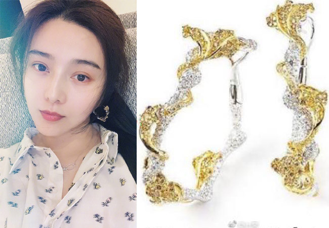 Hồi tháng 7, đôi hoa tai vàng nạm kim cương này có giá khoảng 70 vạn NDT tương đương 2,3 tỷ đồng khi đi sự kiện triển lãm bình thường  cũng khiến dân tình chóng mặt 