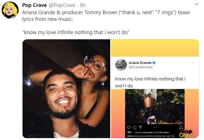 Trước đó, nhà sản xuất Tommy Brown và Ariana đã cùng đăng tải một dòng caption một cách đầy ẩn ý. Fan dự đoán đây chính là lời nhạc cho ca khúc sắp tới.
