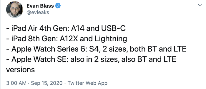 Theo Evan Blass, năm nay Apple sẽ mắt đến 2 phiên bản iPad và Apple Watch mới, bao gồm: Apple Watch Series 6, Apple Watch SE, iPad 8 và iPad Air 4. (Ảnh chụp màn hình)