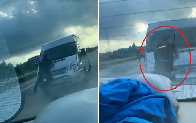 Hình ảnh chiến sĩ CSCĐ trẻ tuổi quyết bám trụ trên cần gạt nước của chiếc ô tô 16 chỗ