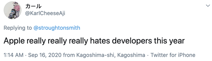 'Năm nay, Apple dường như ghét các nhà phát triển lắm thì phải', nhà phát triển カール (@KarlCheeseAji) chia sẻ trên Twitter.