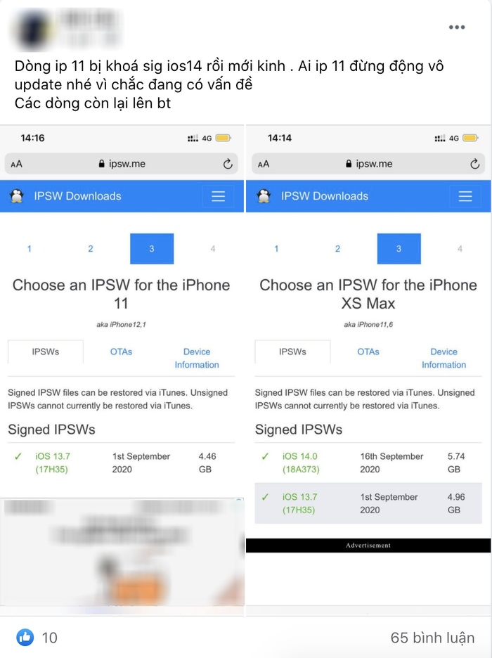 Một số người dùng Facebook tại Việt Nam đã lên tiếng cảnh báo về việc iPhone có thể gặp lỗi nghiêm trọng sau khi cập nhật lên iOS 14. (Ảnh chụp màn hình)