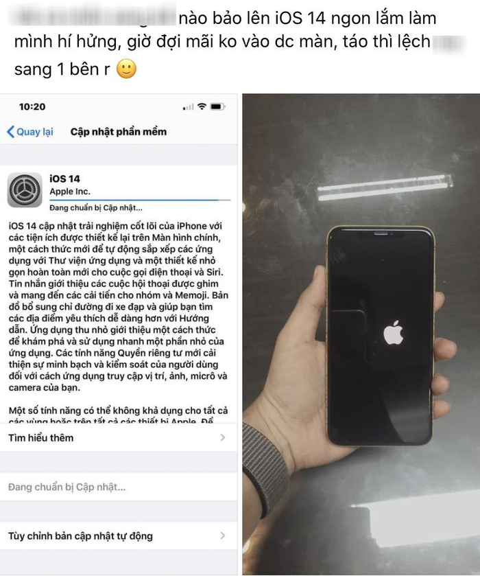 Một người dùng Facebook tại Việt Nam cho biết logo Apple trên chiếc iPhone mình đang dùng bỗng lệch sang hẳn về bên trái sau khi cập nhật iOS 14. (Ảnh: Facebook)