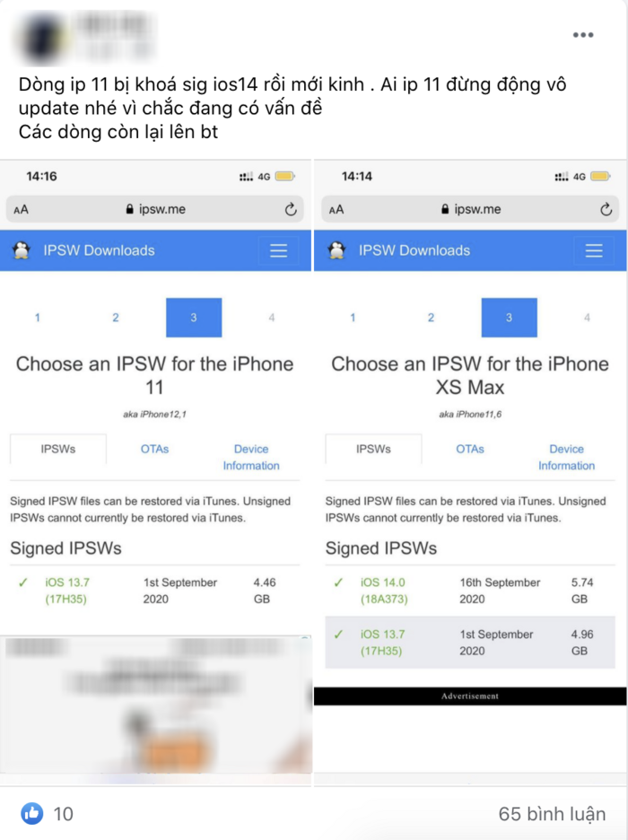 Một số người dùng Facebook tại Việt Nam đã lên tiếng cảnh báo về việc iPhone có thể gặp lỗi nghiêm trọng sau khi cập nhật lên iOS 14. (Ảnh chụp màn hình)