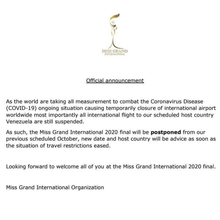 Thông báo chính thức từ Miss Grand International về việc tạm hoãn tổ chức ở mùa giải năm nay.