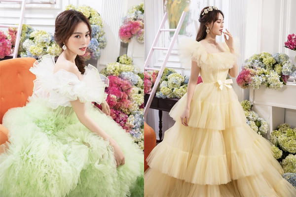 Một thiết kế bay bổng được các mỹ nhân Vbiz đua nhau diện như vậy, Ninh Dương Lan Ngọc cũng không thể đứng yên ở hàng ghế khán giả được. Thiết kế chiếc váy sử dụng lối may từng lớp tạo độ phồng vai tự nhiên kết hợp với chân váy dài càng làm tăng thêm độ thướt tha và uỷ mị của chủ nhân nó. Lan Ngọc cứ như công chúa lạc trong đồng cỏ hoa vậy.