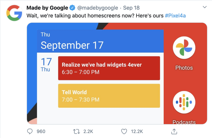 Google cũng khoe giao diện màn hình như cách người dùng iPhone khoe iOS 14 những ngày gần đây. (Ảnh chụp màn hình)