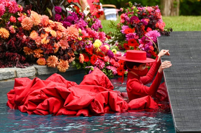 Sàn diễn còn có sự góp mặt của siêu mẫu bầu bí Coco Rocha. Cô đã chủ động bước xuống hồ bơi để tạo ra khoảnh khắc đáng nhớ cho buổi diễn. Chiếc váy ngấm nước quá nặng nên các nhân viên phải dìu cô lên bờ. 