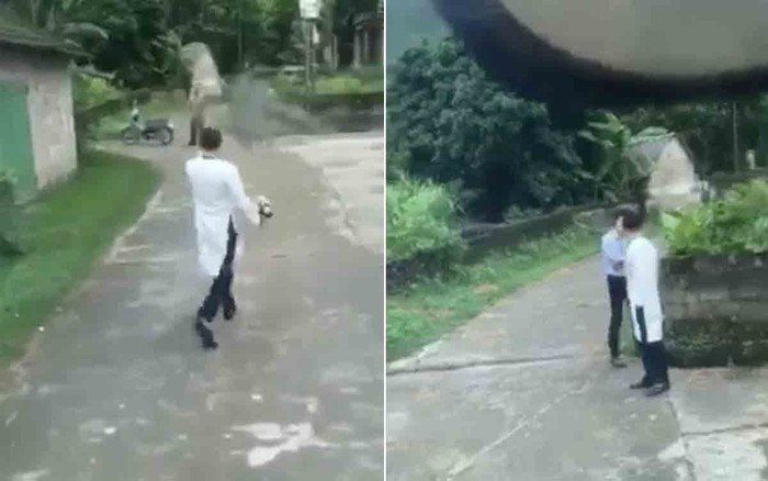 Chú rể lơ ngơ đi hỏi đường vào nhà gái. 