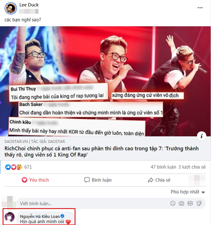 Lona cũng tranh thủ 'thả tim' cho RichChoi.