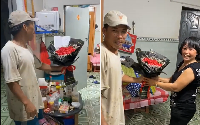 Hình ảnh người chồng quần áo 'lấm lem' tặng hoa cho vợ, biểu cảm sau đó của cả hai khiến cư dân mạng thích thú Ảnh 2