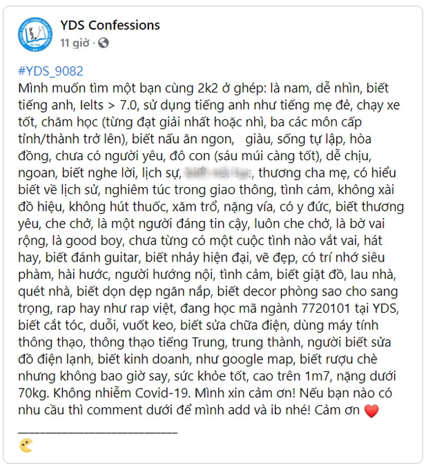 Bài đăng tìm người ở ghép của nam sinh