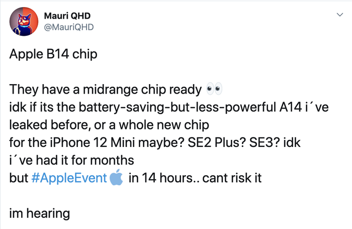 Nguồn tin từ MauriQHD cho biết, Apple nhiều khả năng sẽ trang bị một con chip tầm trung với tên gọi B14 cho iPhone 12 5.4 inch. (Ảnh chụp màn hình)