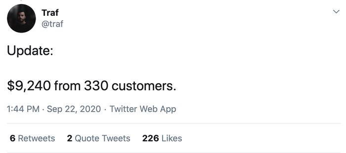 Trong một bài đăng cập nhật của Traf trên Twitter, anh này cho biết mình đã kiếm được hơn 9.000 USD nhờ bán giao diện màn hình tự thiết kế cho 330 khách hàng. (Ảnh chụp màn hình)