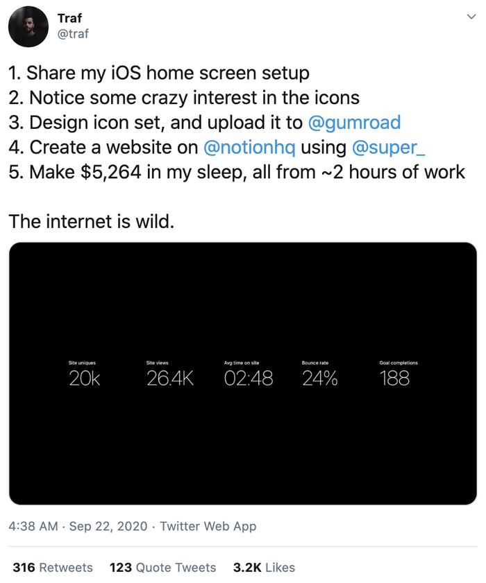 Người dùng Twitter có tên tài khoản là Traf này cho biết đã kiếm được hơn 5.000 USD nhờ bán giao diện màn hình iOS 14 tự thiết kế. (Ảnh chụp màn hình)
