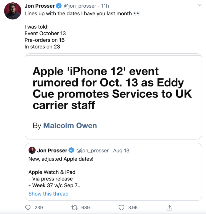 Chuyên gia rò rỉ Jon Prosser cho rằng iPhone 12 sẽ được ra mắt vào 13/10, cho phép người dùng đặt hàng từ 16/10 và lên kệ vào 23/10. (Ảnh chụp màn hình)