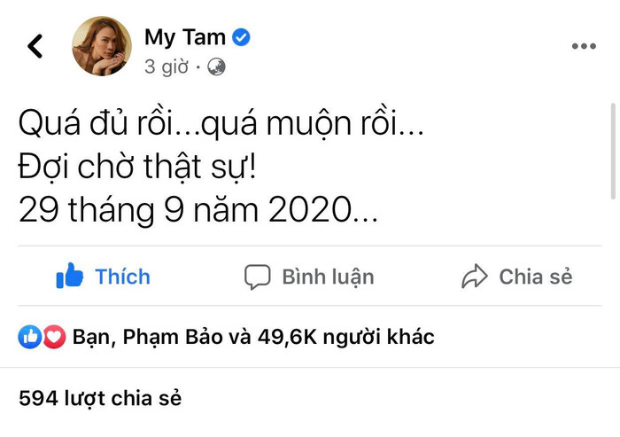 Dòng trạng thái của Mỹ Tâm nhanh chóng nhận được rất nhiều sự quan tâm từ người hâm mộ
