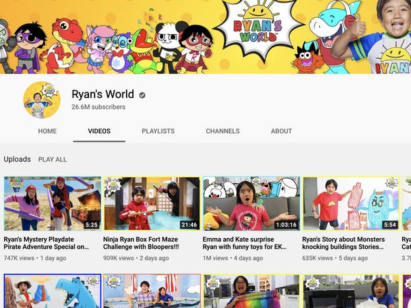 Kênh Ryan's World trên YouTube. Ảnh chụp màn hình