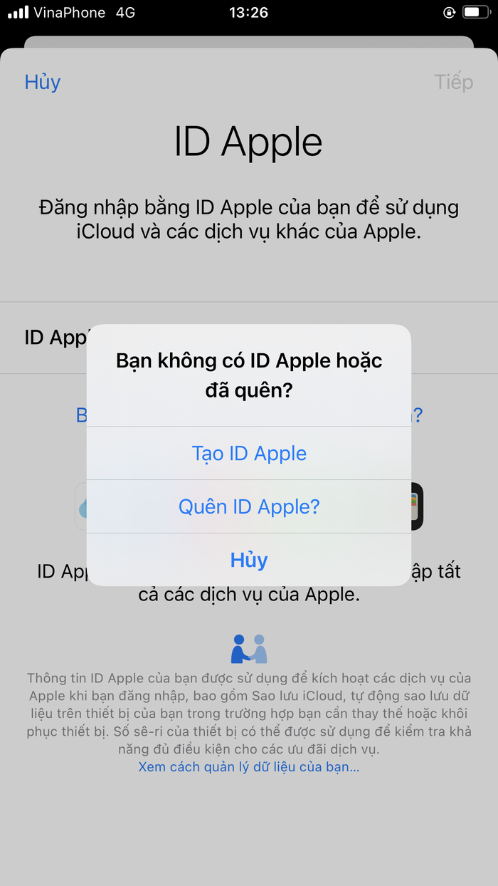 Tiếp đến, một bảng tuỳ chọn sẽ hiện ra, bạn chọn tiếp 'Tạo ID Apple'.