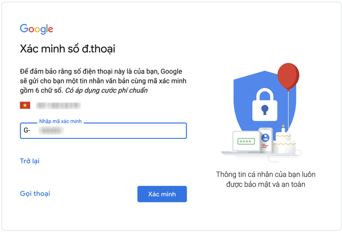 Tiếp đến bạn hãy nhập mã xác minh mà Google đã gửi qua tin nhắn điện thoại và đồng ý với các điều khoản của nền tảng này.
