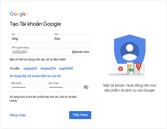 Tại giao diện trang tạo tài khoản Gmail của Google, bạn hãy điền các thông tin cần thiết cho việc tạo tài khoản.