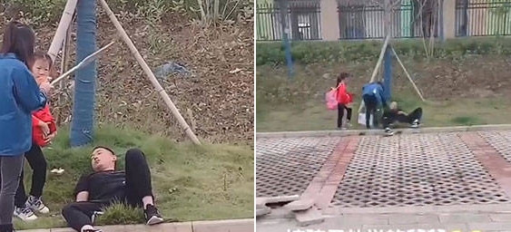 Ông bố ngủ say sưa trên bãi cỏ ngoài trường khi tới đón con gái.