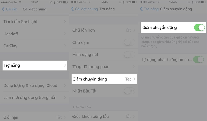 Để kích hoạt 'Giảm chuyển động', bạn hãy vào Cài đặt > Cài đặt chung > Trợ năng > Chuyển động > bật Giảm chuyển động. (Ảnh: Internet)