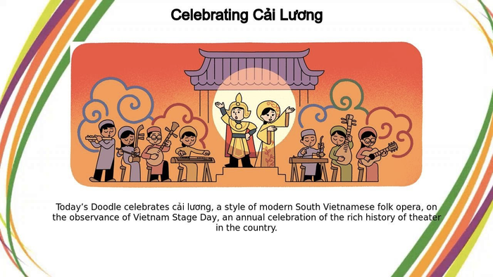 Hình ảnh hoạt hoạ sân khấu trình diễn cải lương - bộ môn nghệ thuật đậm đà bản sắc văn hóa Việt Nam - cũng xuất hiện trên kênh YouTube Doodle Catalog của Google. (Ảnh: Google)