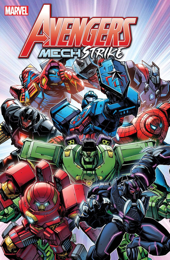 Biệt đội Avengers bọc giáp, bao gồm Captain America, Iron Man, Thor, Spider-Man, Black Widow, Hulk, Black Panther và Captain Marvel.