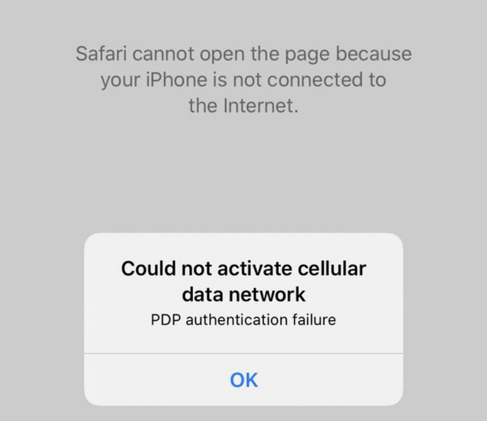 Khả năng truy cập Internet bằng dữ liệu di động gần như không xử lý được, kèm theo đó là thông báo lỗi xác thực PDP. (Ảnh: Internet)