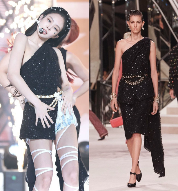 Đặc biệt hơn với kiểu váy thanh lịch đắt tiền của Chanel được ekip Jennie cắt ngắn lại thành áo mix cùng short jeans 