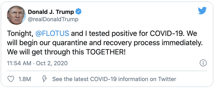 Bài đăng xác nhận mình và vợ - Đệ nhất phu nhân Melania Trump - có kết quả xét nghiệm dương tính với COVID-19 của Tổng thống Donald Trump đã nhanh chóng gây bão. (Ảnh chụp màn hình)