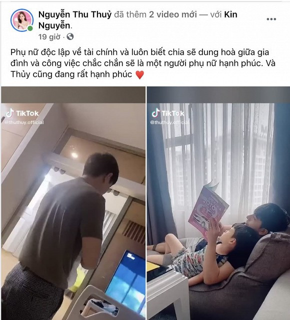 Trên trang cá nhân của mình, Thu Thủy thường xuyên chia sẻ những những khoảnh khắc Kin Nguyễn cho con gái nhỏ bú sữa, dạy con trai Henry học bài... 