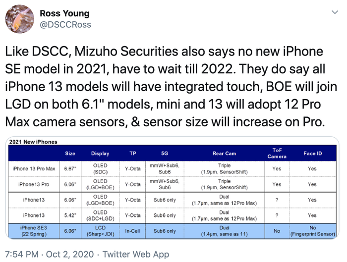 CEO DSCC Ross Young cho biết, cảm biến trên iPhone 12 Pro Max sẽ có kích thước lên tới 1.7 µm, lớn hơn của iPhone 11 Pro Max hiện tại là 1.4 µm. (Ảnh chụp màn hình)