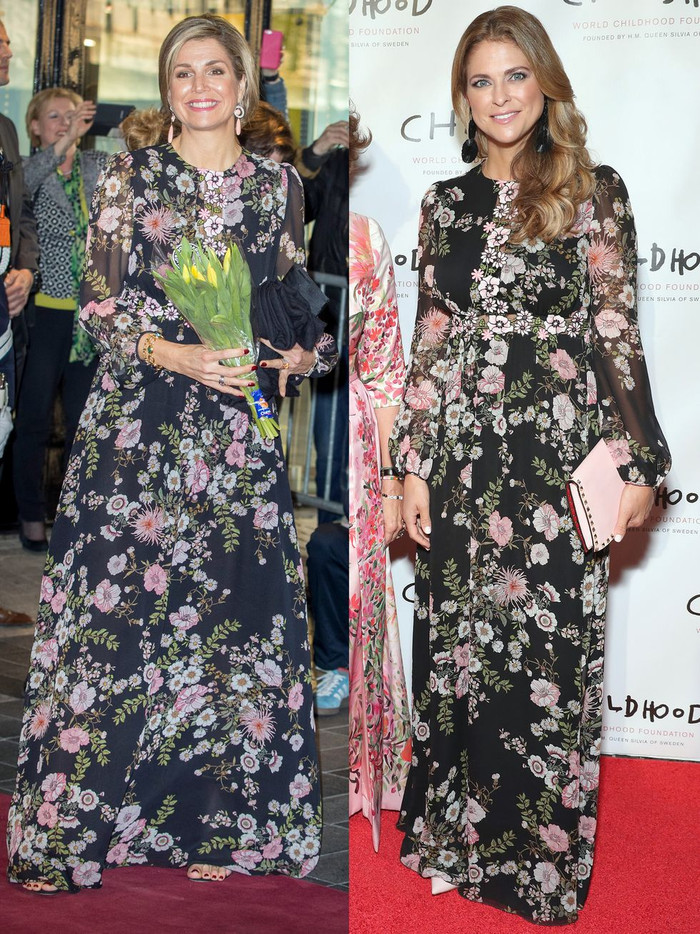 Nữ hoàng Maxima của Hà Lan (trong ảnh bên trái) mặc bộ đầm Giambattista Valli đến nhà hát Tilburg vào ngày 4 tháng 4 năm 2017. Còn công chúa Madeleine của Thụy Điển mặc đến buổi dạ tiệc Thank You của World Childhood Foundation vào ngày 3 tháng 10 năm 2018. 