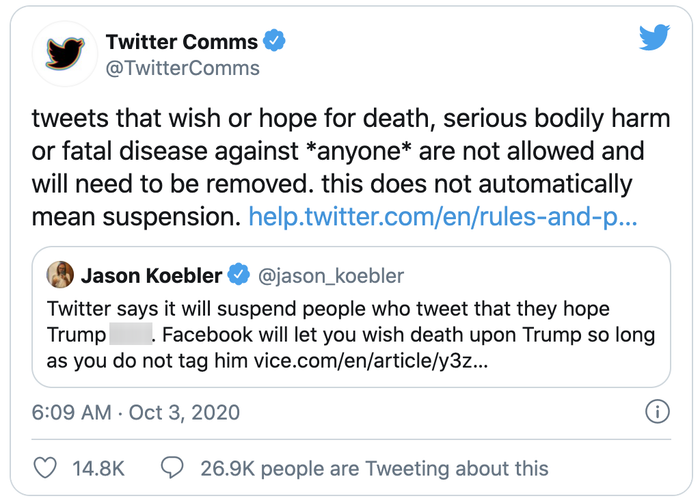 'Các bài đăng tỏ ý mong muốn hoặc hy vọng *bất cứ ai* sẽ gặp tổn hại nghiêm trọng về cơ thể hoặc bệnh hiểm nghèo đều không được phép và sẽ cần phải bị xóa', Twitter thông báo. (Ảnh chụp màn hình)
