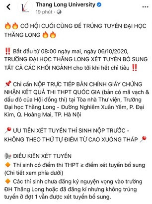 Thông báo trên fanpage tick xanh của trường ĐH Thăng Long bất ngờ thay đổi thời gian xét tuyển bổ sung khiến các thí sinh được phen tá hỏa. 