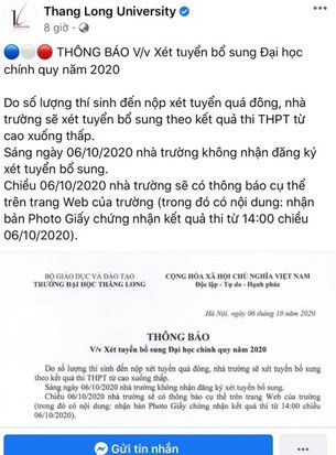 Bài đăng trên đã được gỡ bỏ và thay vào đó là thông  báo về việc xét tuyển bổ sung ĐH